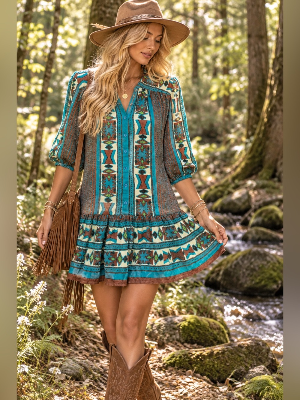 Free People Boho Turquoise & Brown Patterned Button Front Tunic Dress Size Xs